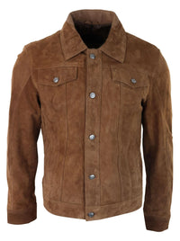 Mens Genuine Suede Jacket Leather Jeans Denim Short Mens Biker Classic Vintage Tan