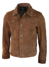 Mens Genuine Suede Jacket Leather Jeans Denim Short Mens Biker Classic Vintage Tan