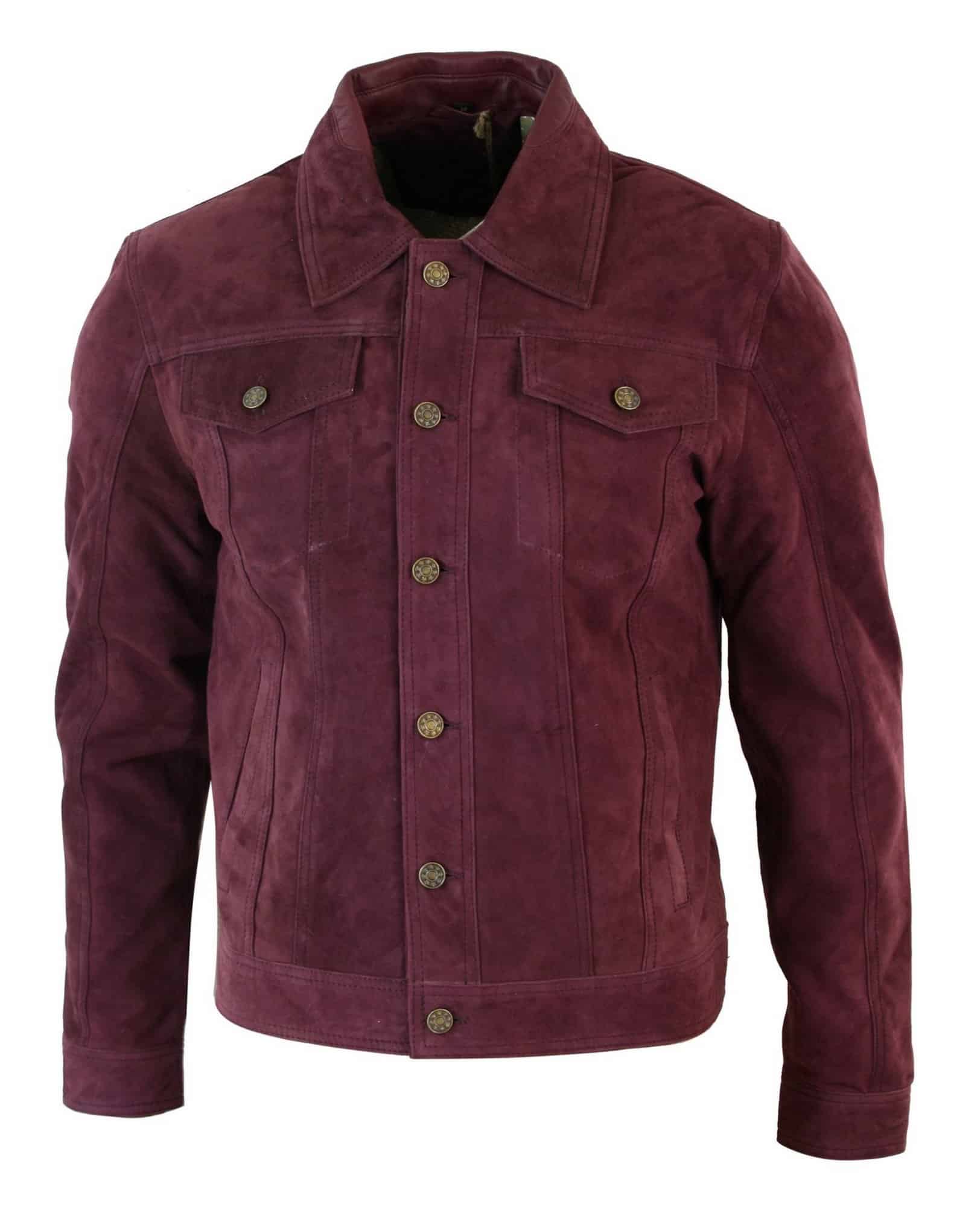 Real Suede Leather Mens Vintage Short Denim Style Retro Jean Jacket Casual - Burgundy Color