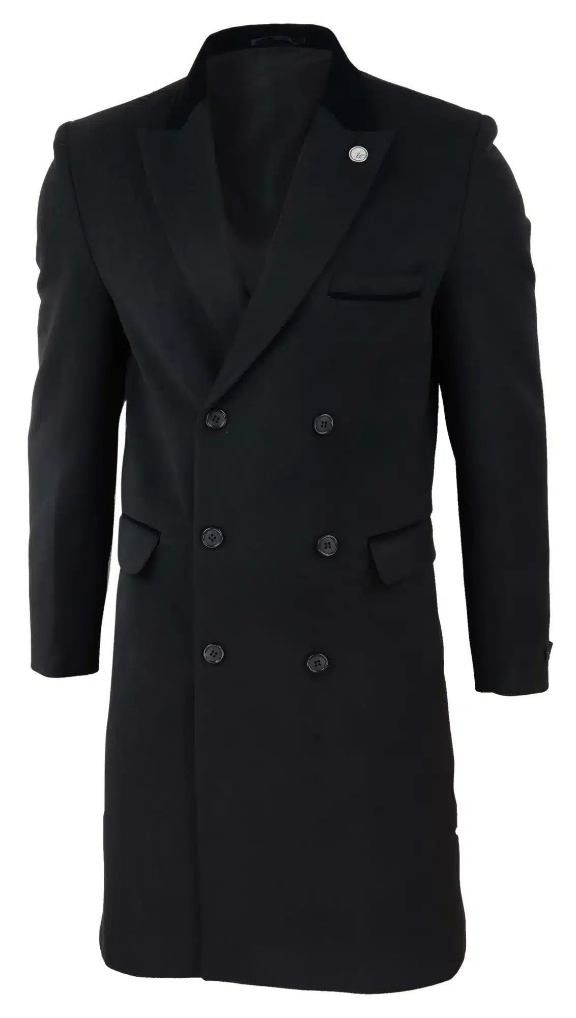 Mens 3/4 Long Double Breasted Black Overcoat