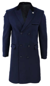 Mens 3/4 Long Double Breasted Navy Overcoat