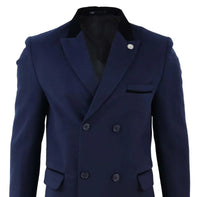 Mens 3/4 Long Double Breasted Navy Overcoat