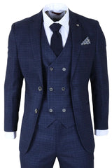 Blue checkered suit with vest and tie on a white background