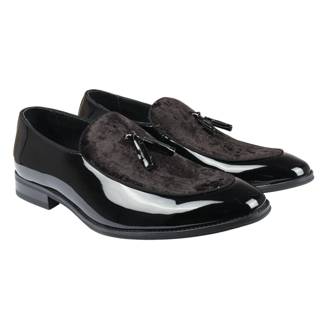 Men's Slip On Tassel Velvet Detailed Patent Black Loafers