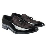 Men's Slip On Tassel Velvet Detailed Patent Black Loafers