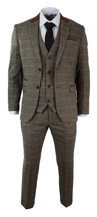 Mens Check Vintage Herringbone Tweed Tan 3 Piece Suit Slim Fit Wedding