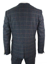 Mens Navy Blue Wine Check Herringbone Tweed Vintage 3 Piece New Marc Darcy Suit