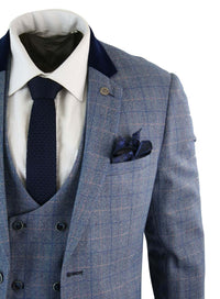Mens 3 Piece Blue Check Suit - Marc Darcy Hilton