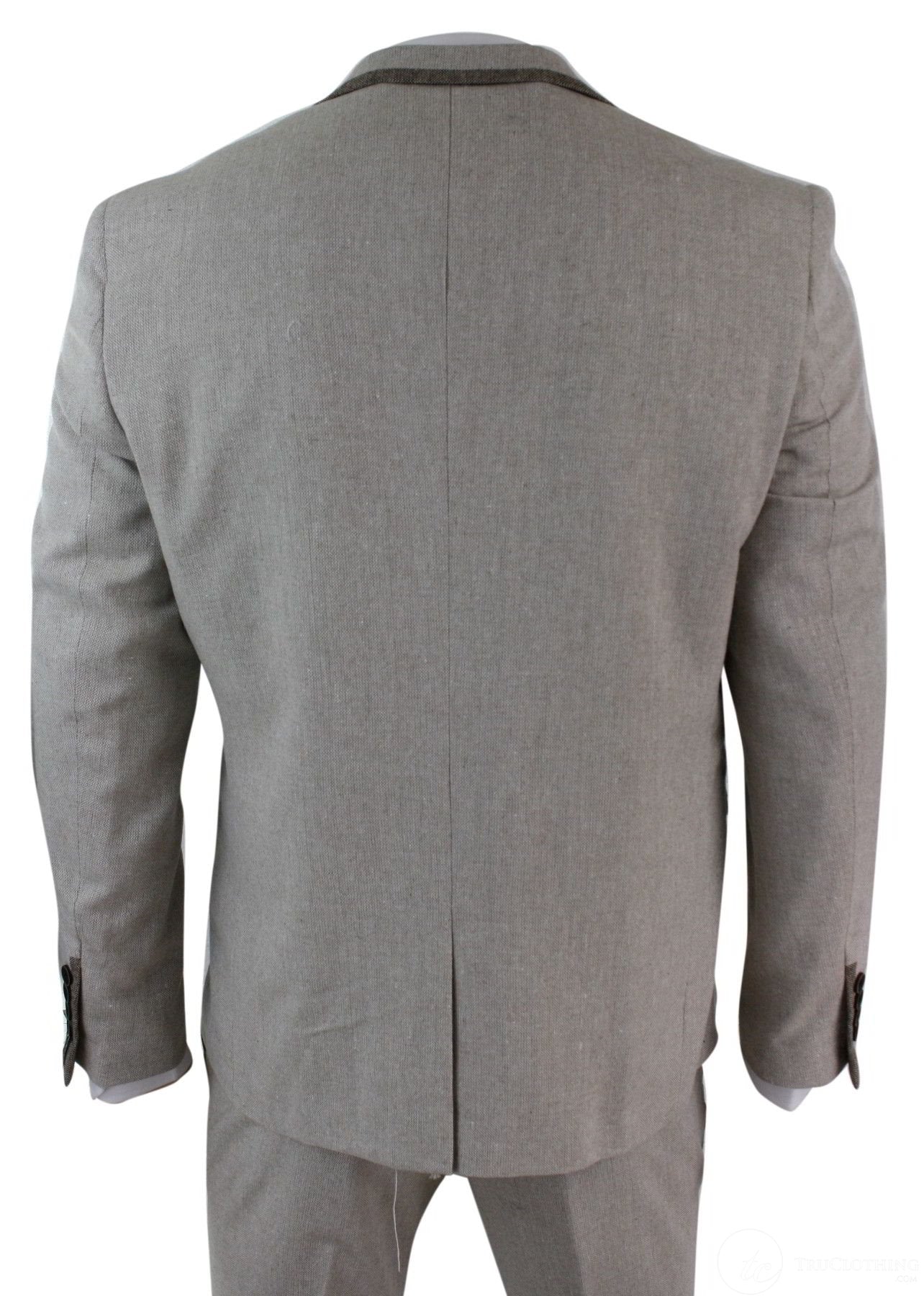 Mens Herringbone Tweed 3 Piece Suit Velvet Trim Classic Vintage Slim Fit Beige