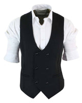 Mens Double Breasted Felt Tweed Vintage Retro Classic Waistcoat Slim Fit Herringbone-Melton DBC Black