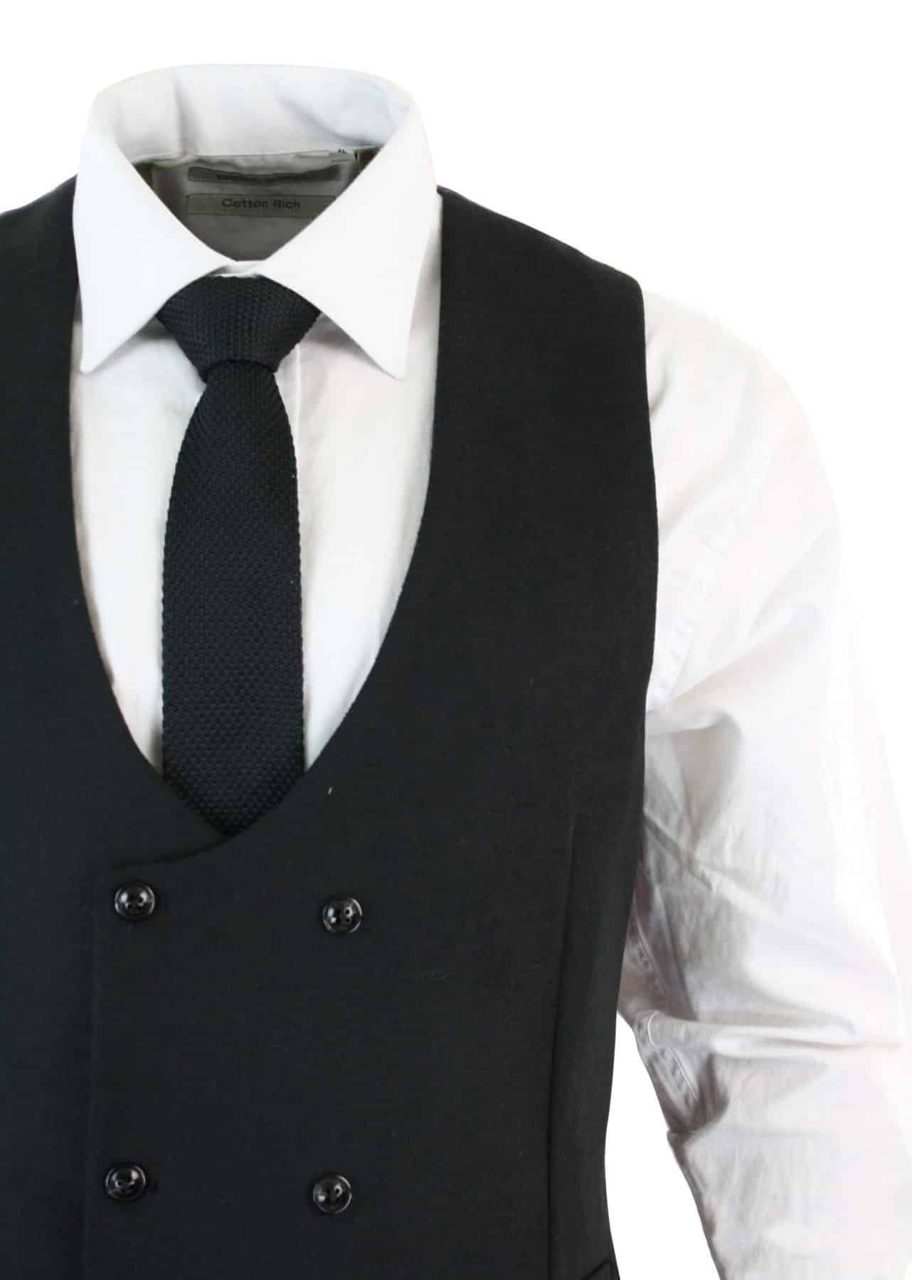 Mens Double Breasted Felt Tweed Vintage Retro Classic Waistcoat Slim Fit Herringbone-Melton DBC Black