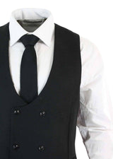 Mens Double Breasted Felt Tweed Vintage Retro Classic Waistcoat Slim Fit Herringbone-Melton DBC Black