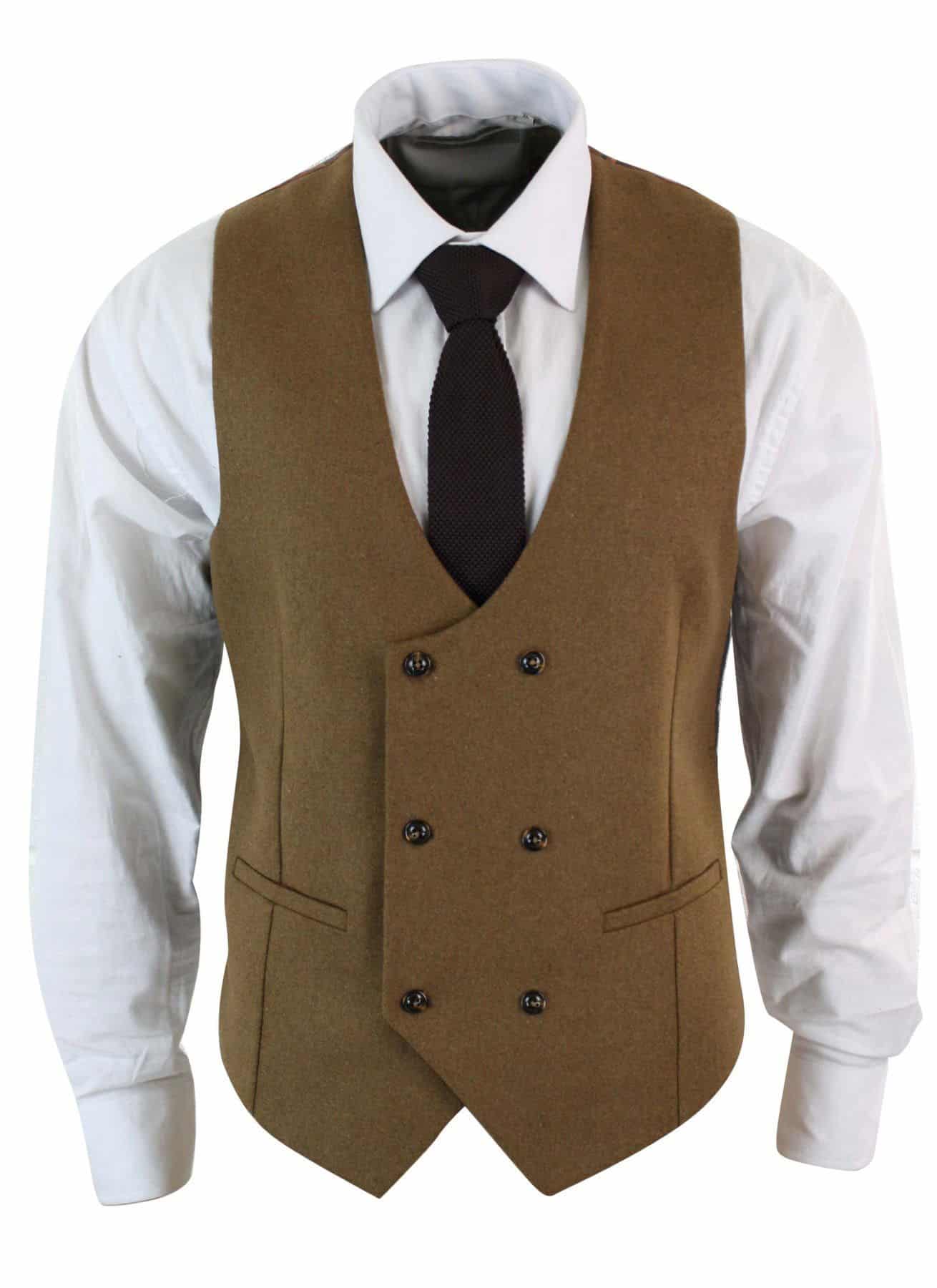 Mens Double Breasted Felt Tweed Vintage Retro Classic Waistcoat Slim Fit Herringbone-Melton DBC Tan