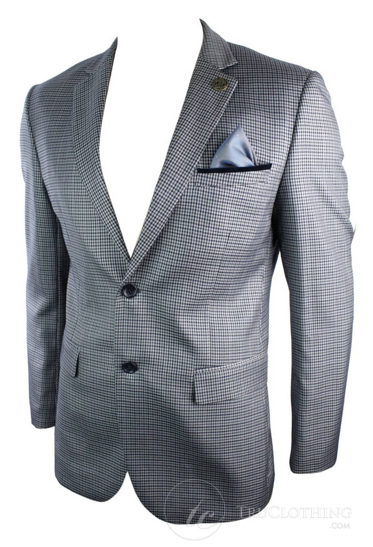 Mens Tweed Vintage Retro Grey Checked Blazer Elbow Patch Black Trim Tailored