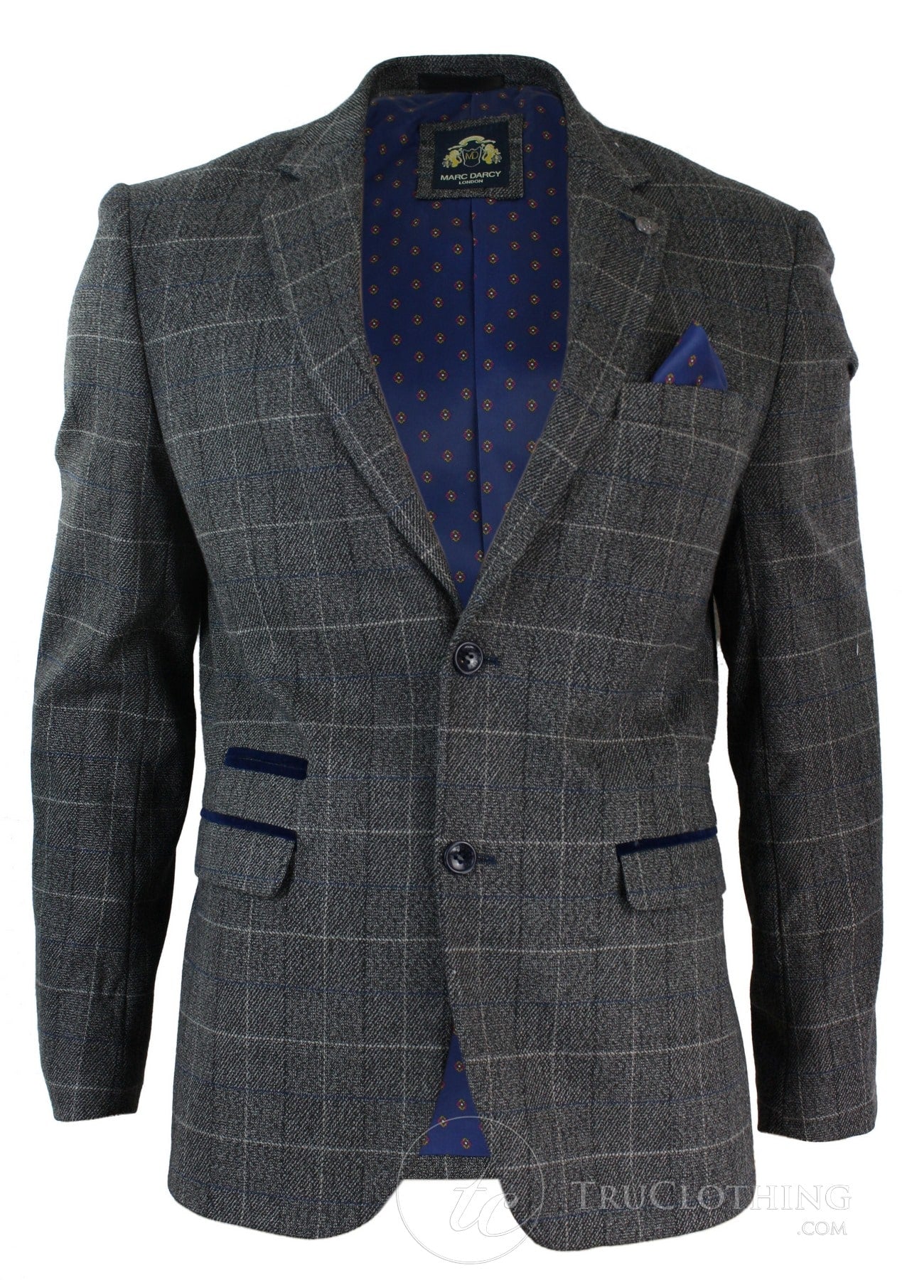 Mens Grey Check Herringbone Tweed Vintage Fit Blazer Jacket Blue Velvet Trim-Grey