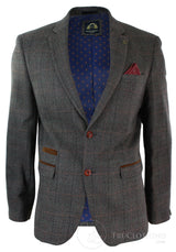 Mens Grey Check Herringbone Tweed Vintage Fit Blazer Jacket Blue Velvet Trim-Tan