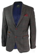 Mens Grey Check Herringbone Tweed Vintage Fit Blazer Jacket Blue Velvet Trim-Tan