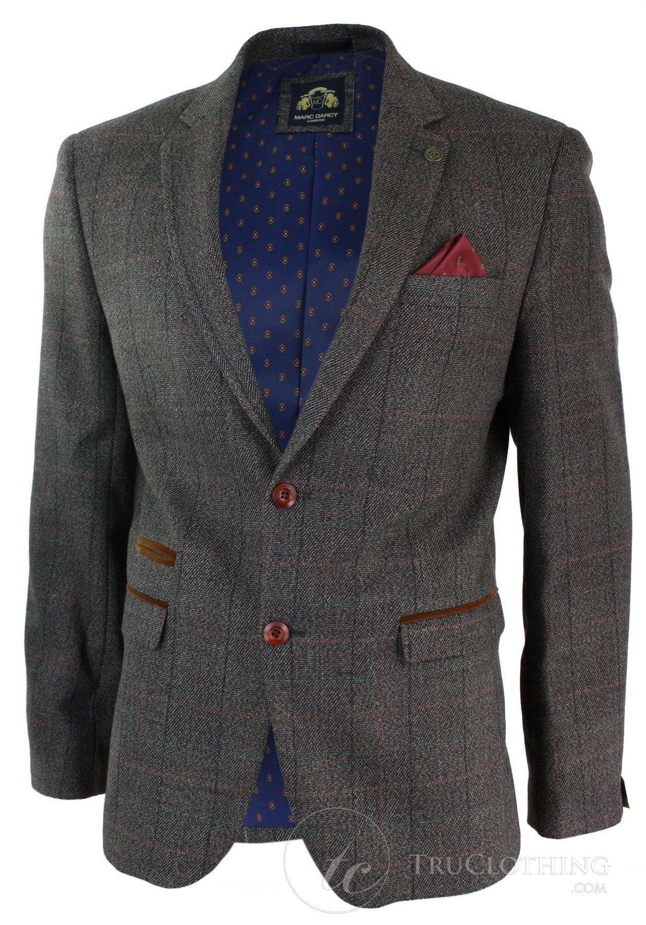 Mens Grey Check Herringbone Tweed Vintage Fit Blazer Jacket Blue Velvet Trim-Tan