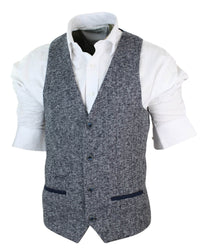Mens Grey Blue Herringbone Tweed Slim Fit Chunky Waistcoat Blazer Smart Casual