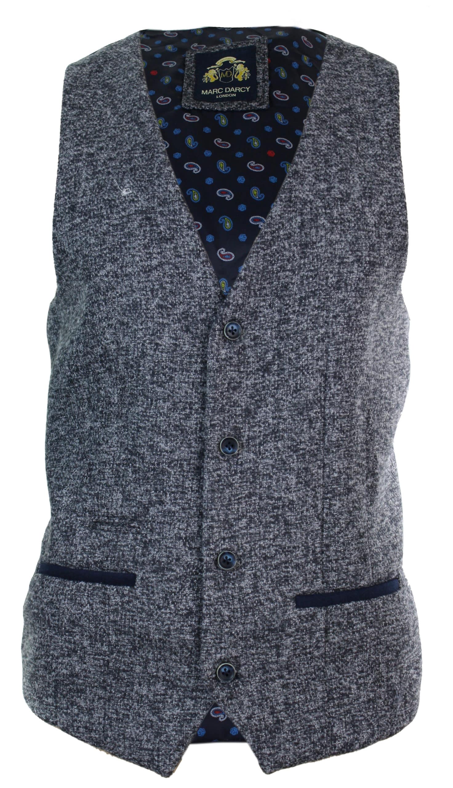Mens Grey Blue Herringbone Tweed Slim Fit Chunky Waistcoat Blazer Smart Casual