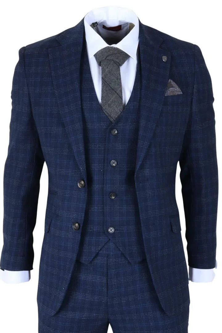 Blue checkered suit with vest and tie on a white background