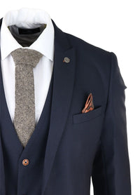 Mens 3 Piece Birdseye Navy Blue Suit Slim Fit Marc Darcy Max Classic 1920s Vintage