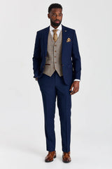 Mayfair Navy Anzug mit Strukturmuster und kontrastierender Weste aus Harris Brown Tweed