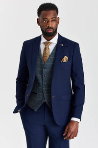 Mayfair Anzug in Marineblau mit Strukturmuster und Harris Tweedweste in Marineblau mit Kontrastmuster