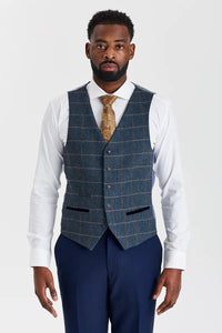 Mayfair Anzug in Marineblau mit Strukturmuster und Harris Tweedweste in Marineblau mit Kontrastmuster