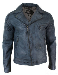 Real Leather Vintage Washed Biker Mens Jacket Cross Zip Retro Casual - Blue Colour