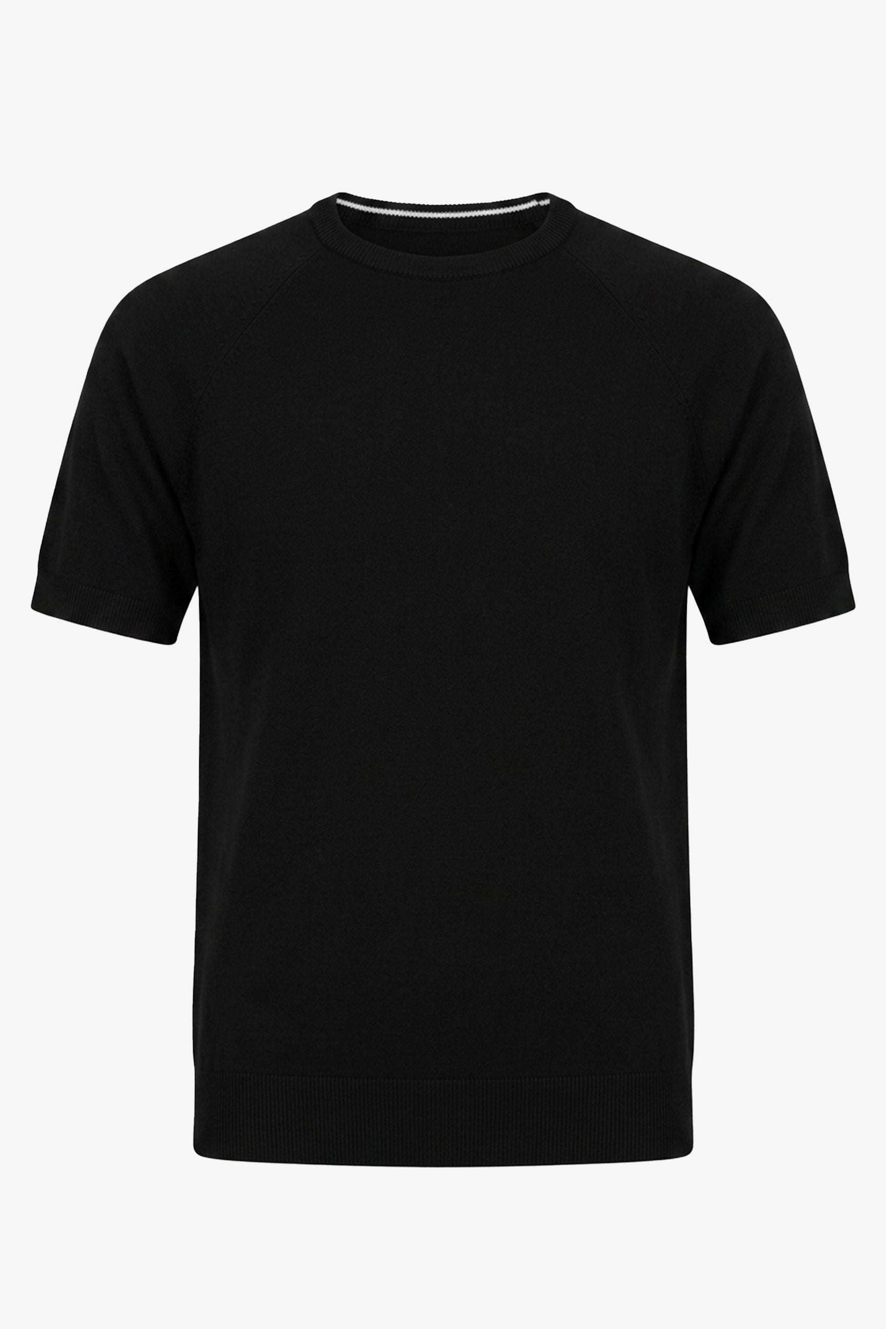 Schwarzes, klassisches Herren-Strickshirt mit kurzen Ärmeln und Rundhalsausschnitt