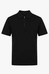 Schwarzes Herren-Poloshirt aus Strick, Kurzarm, mit Reißverschluss am Kragen, weichem Materialmix