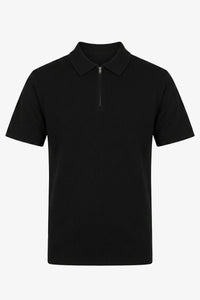 Schwarzes Herren-Poloshirt aus Strick, Kurzarm, mit Reißverschluss am Kragen, weichem Materialmix