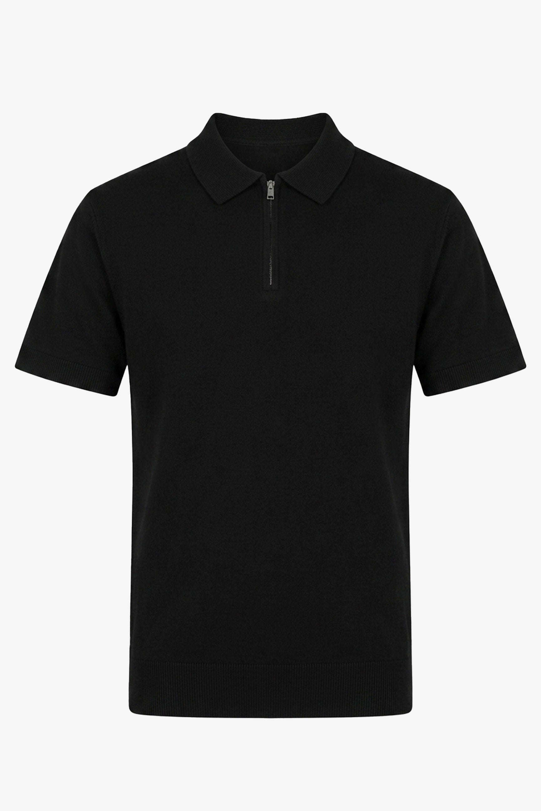 Schwarzes Herren-Poloshirt aus Strick, Kurzarm, mit Reißverschluss am Kragen, weichem Materialmix