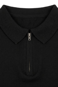 Schwarzes Herren-Poloshirt aus Strick, Kurzarm, mit Reißverschluss am Kragen, weichem Materialmix