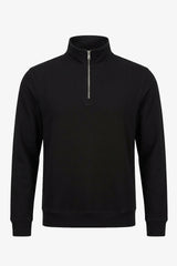Schwarzer Herren-Pullover mit Viertelreißverschluss und Stehkragen aus Baumwollmischgewebe