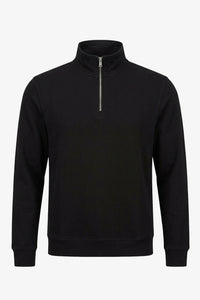 Schwarzer Herren-Pullover mit Viertelreißverschluss und Stehkragen aus Baumwollmischgewebe