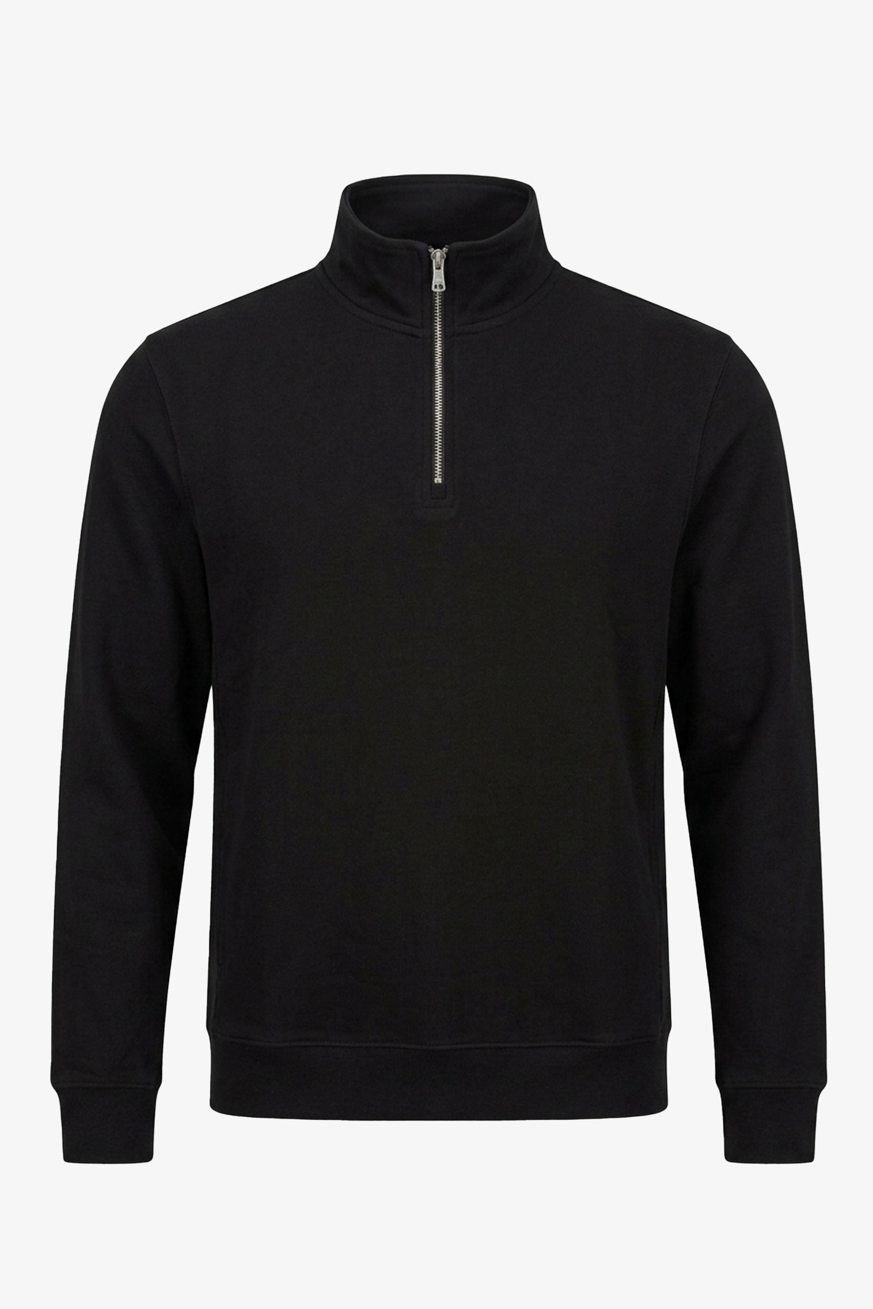 Schwarzer Herren-Pullover mit Viertelreißverschluss und Stehkragen aus Baumwollmischgewebe