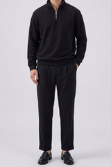 Schwarzer Herren-Pullover mit Viertelreißverschluss und Stehkragen aus Baumwollmischgewebe