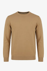 Herren-Strickpullover in Kamelbraun mit Rundhalsausschnitt, normale Passform