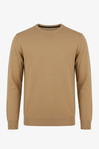 Herren-Strickpullover in Kamelbraun mit Rundhalsausschnitt, normale Passform