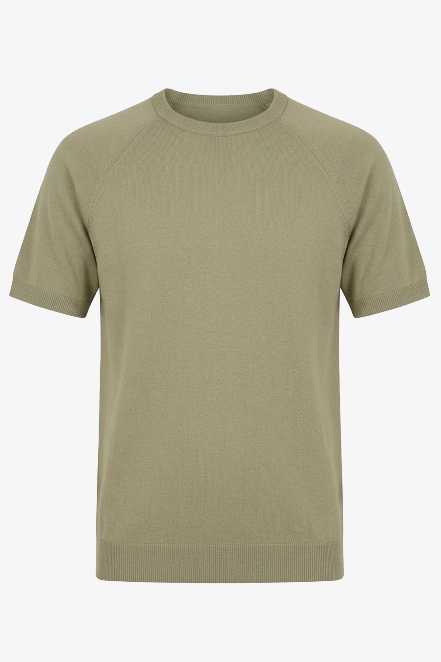 Klassisches khakifarbenes Herren-Strickshirt mit kurzen Ärmeln und Rundhalsausschnitt