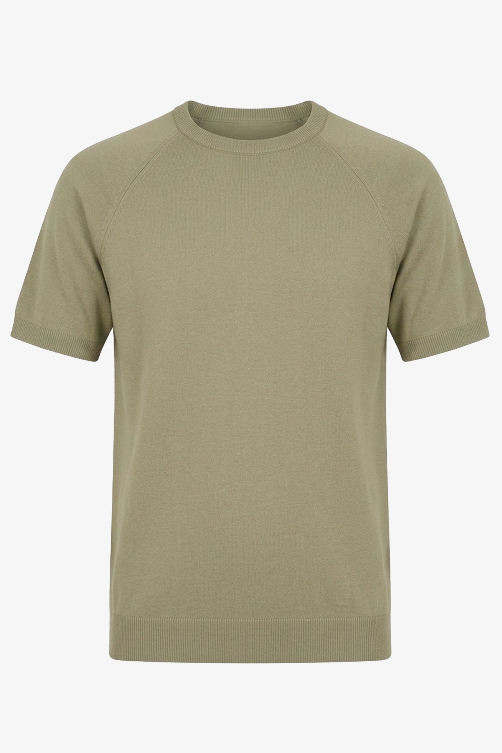 Klassisches khakifarbenes Herren-Strickshirt mit kurzen Ärmeln und Rundhalsausschnitt