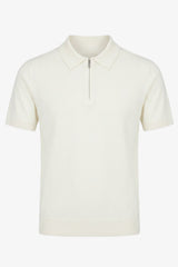 Herren-Poloshirt in Off-White, Strick, Kurzarm, mit Reißverschluss am Kragen, weichem Materialmix