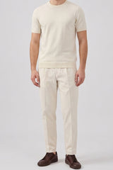 Herren-T-Shirt in Off-White, Strick, normale Passform, Rundhalsausschnitt, Kurzarm