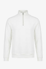 Herren-Sweatshirt mit Viertelreißverschluss in Off-White, Baumwollmischung, Stehkragen