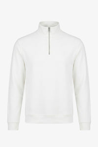 Herren-Sweatshirt mit Viertelreißverschluss in Off-White, Baumwollmischung, Stehkragen