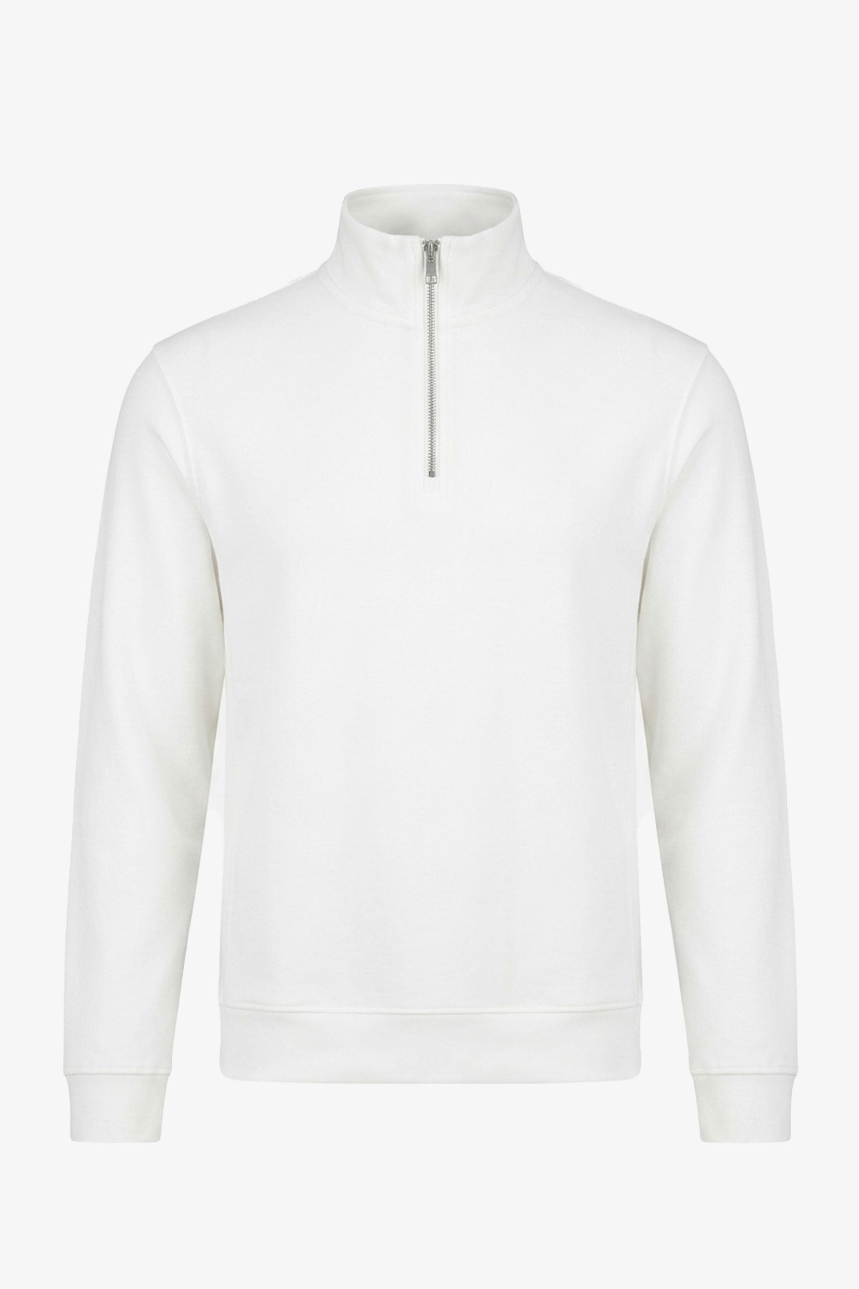 Herren-Sweatshirt mit Viertelreißverschluss in Off-White, Baumwollmischung, Stehkragen