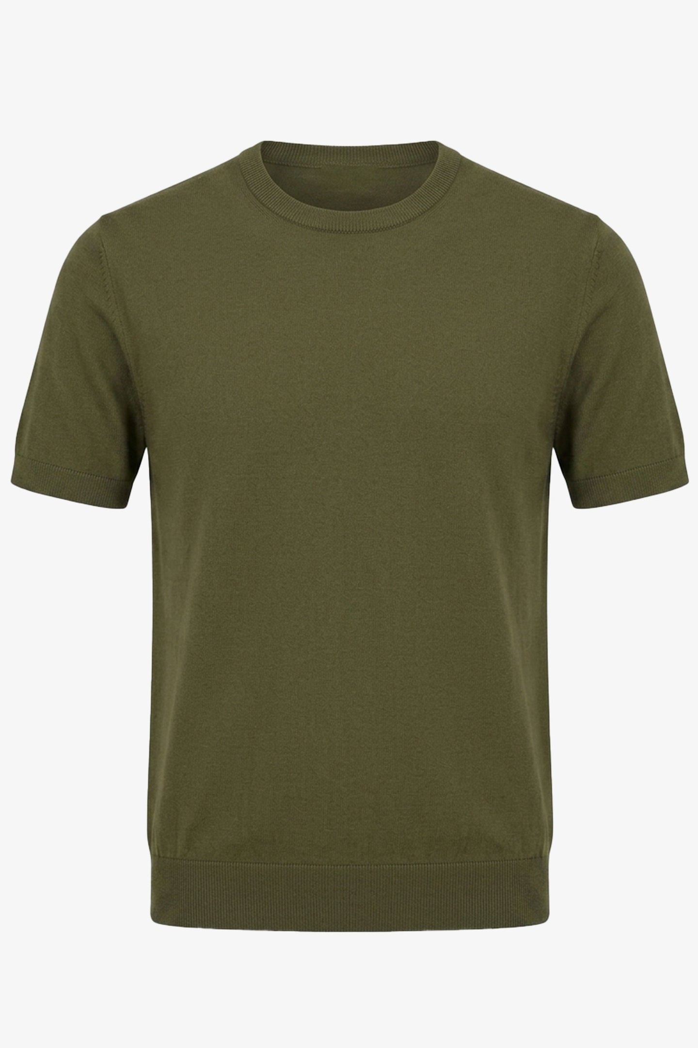 Herren-Strickshirt, olivgrün, normale Passform, Rundhalsausschnitt, Kurzarm