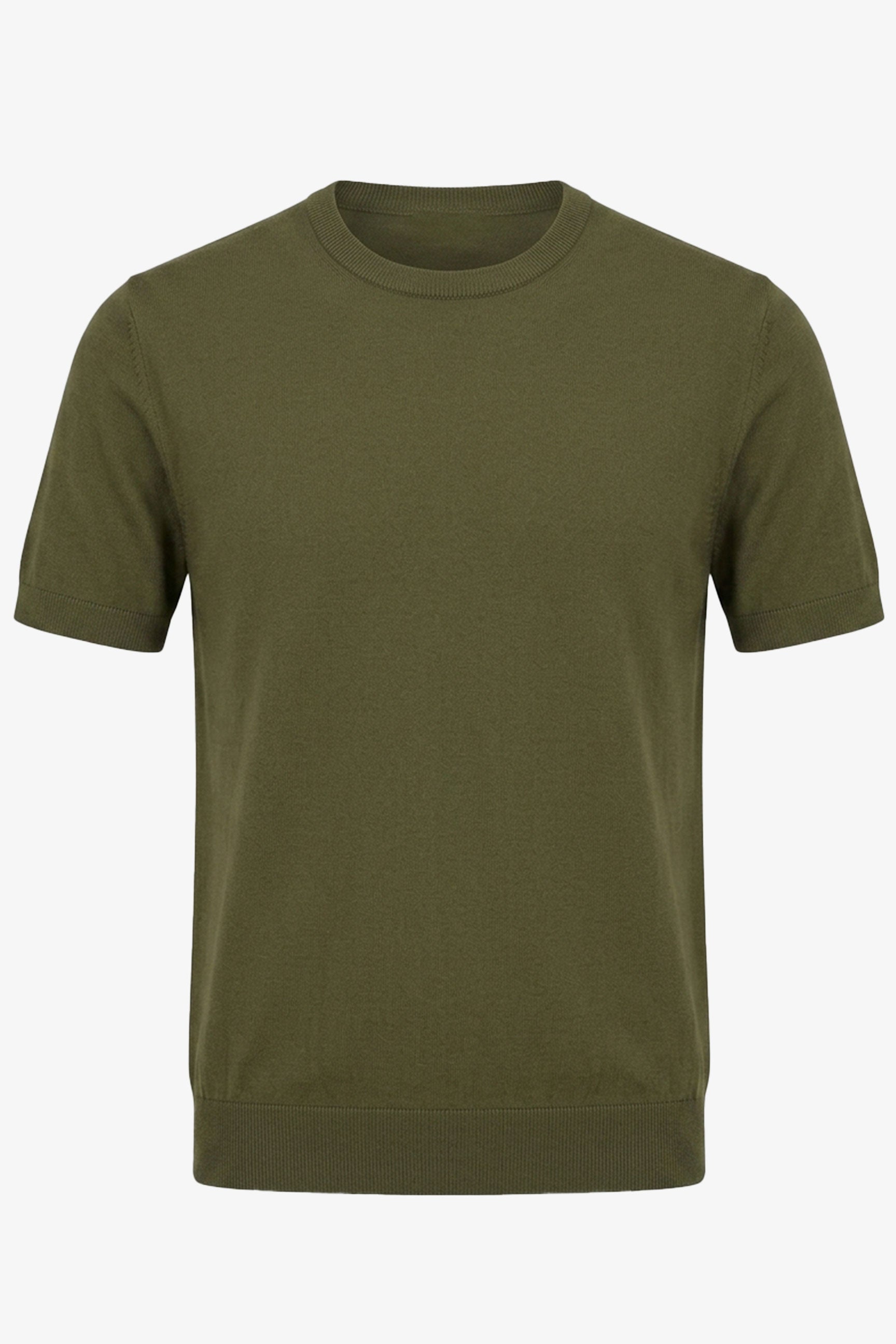 Herren-Strickshirt, olivgrün, normale Passform, Rundhalsausschnitt, Kurzarm